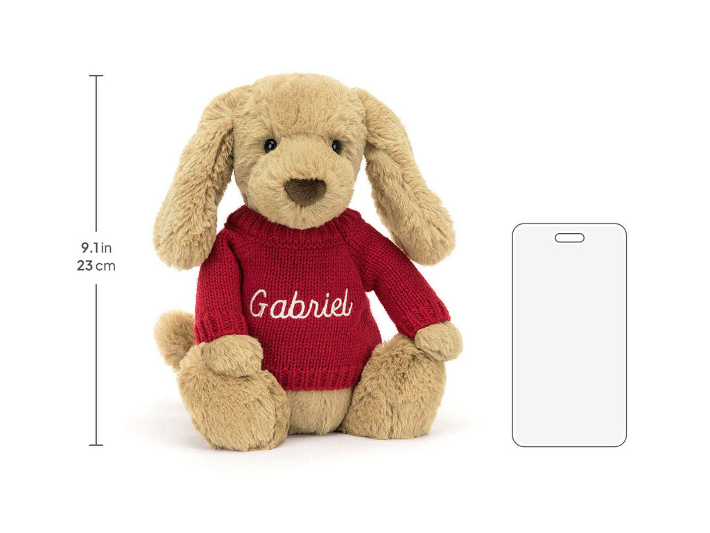 Bashful Toffee Puppy with Personalized Red Jumper