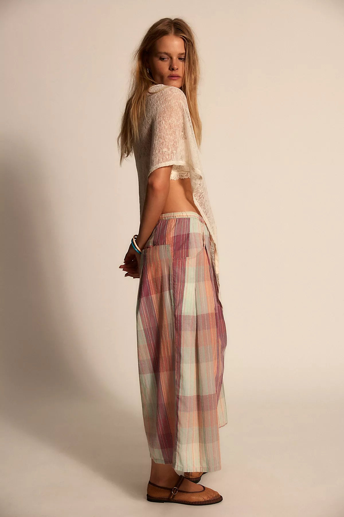 Telluride Wide-Leg Crop Pull-On Madras Pants