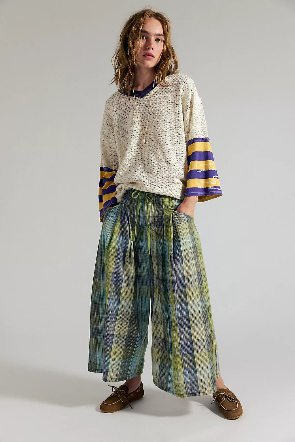 Telluride Wide-Leg Crop Pull-On Madras Pants