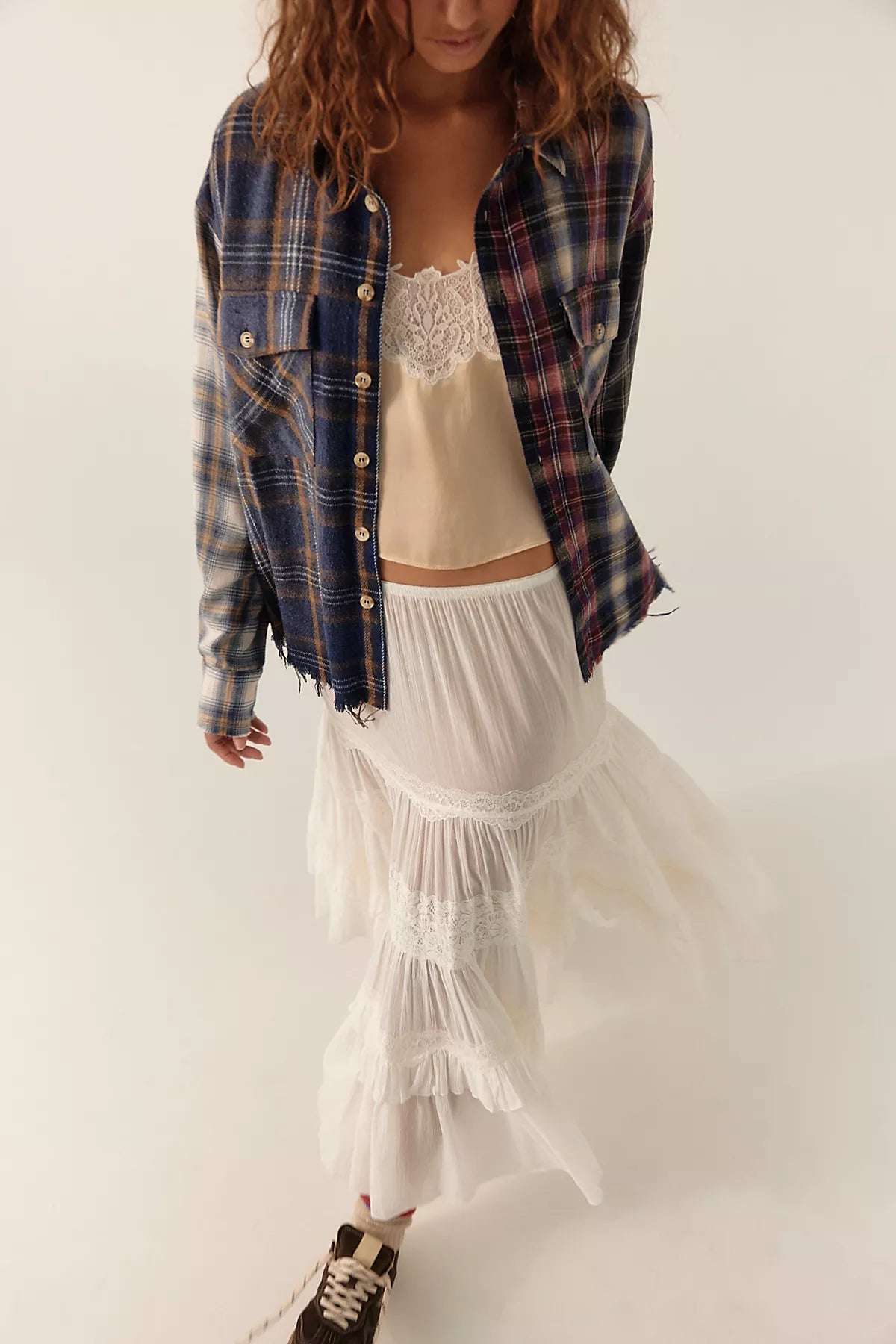 The Tales Cut Off Patchwork Check Button Down Shirt