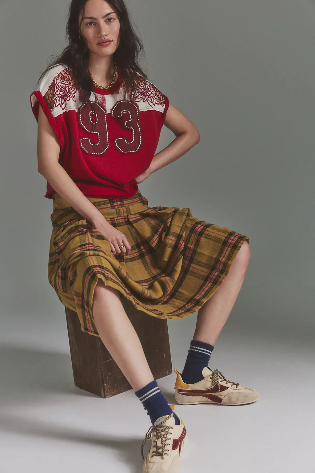 We The Free Skipper Pleated Plaid Midi Skirt