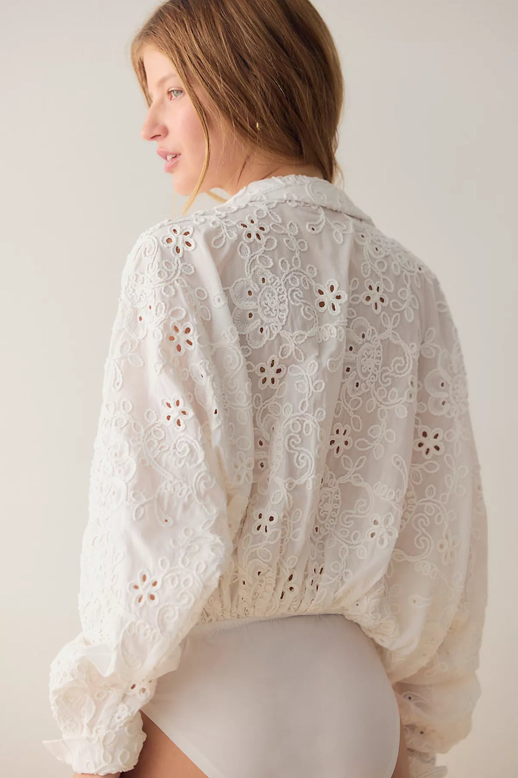 Norma Kamali Eyelet Super Oversized Boyfriend Shirt Bodysuit