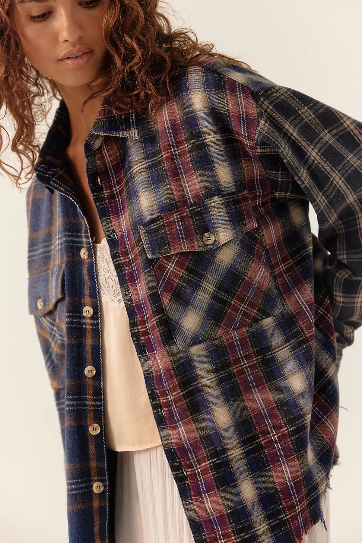 The Tales Cut Off Patchwork Check Button Down Shirt