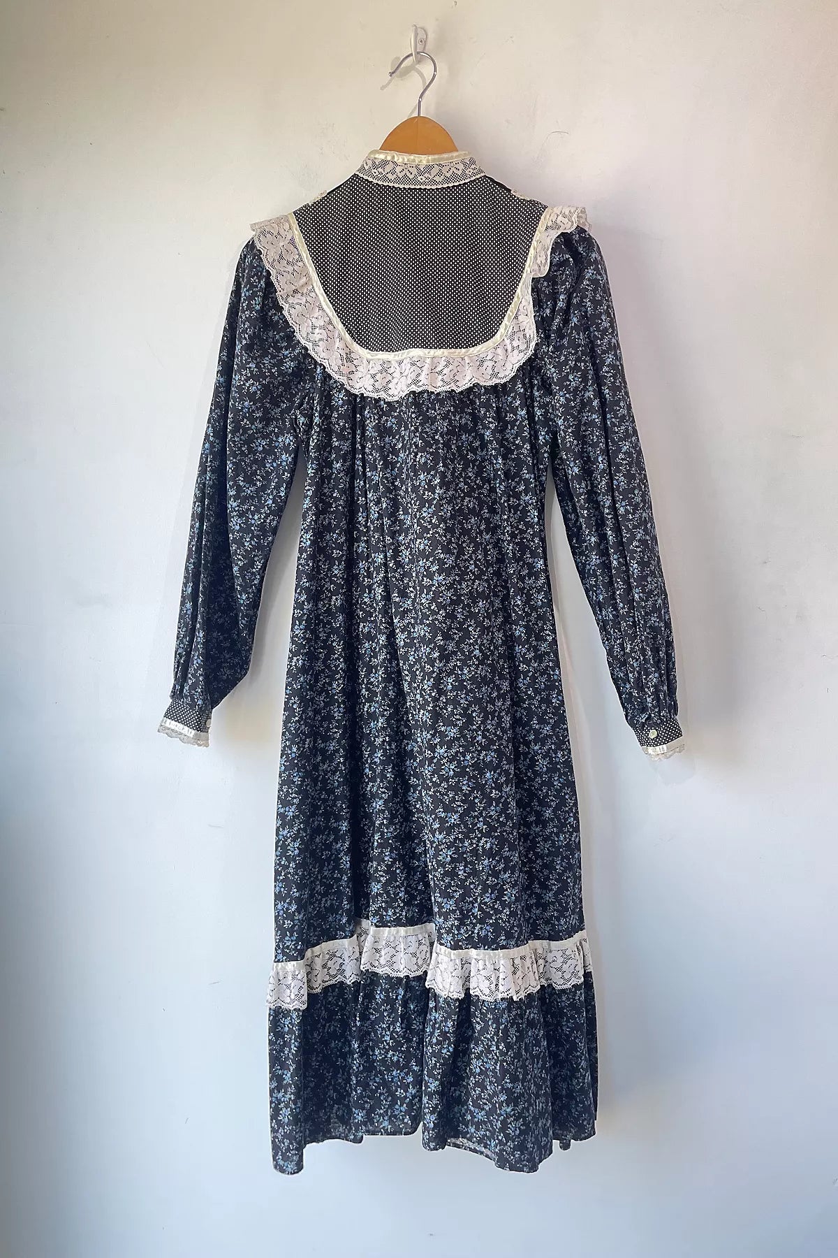 Vintage Gunne Sax Black Blue Floral Velvet Dress Selected by The Curatorial Dept.