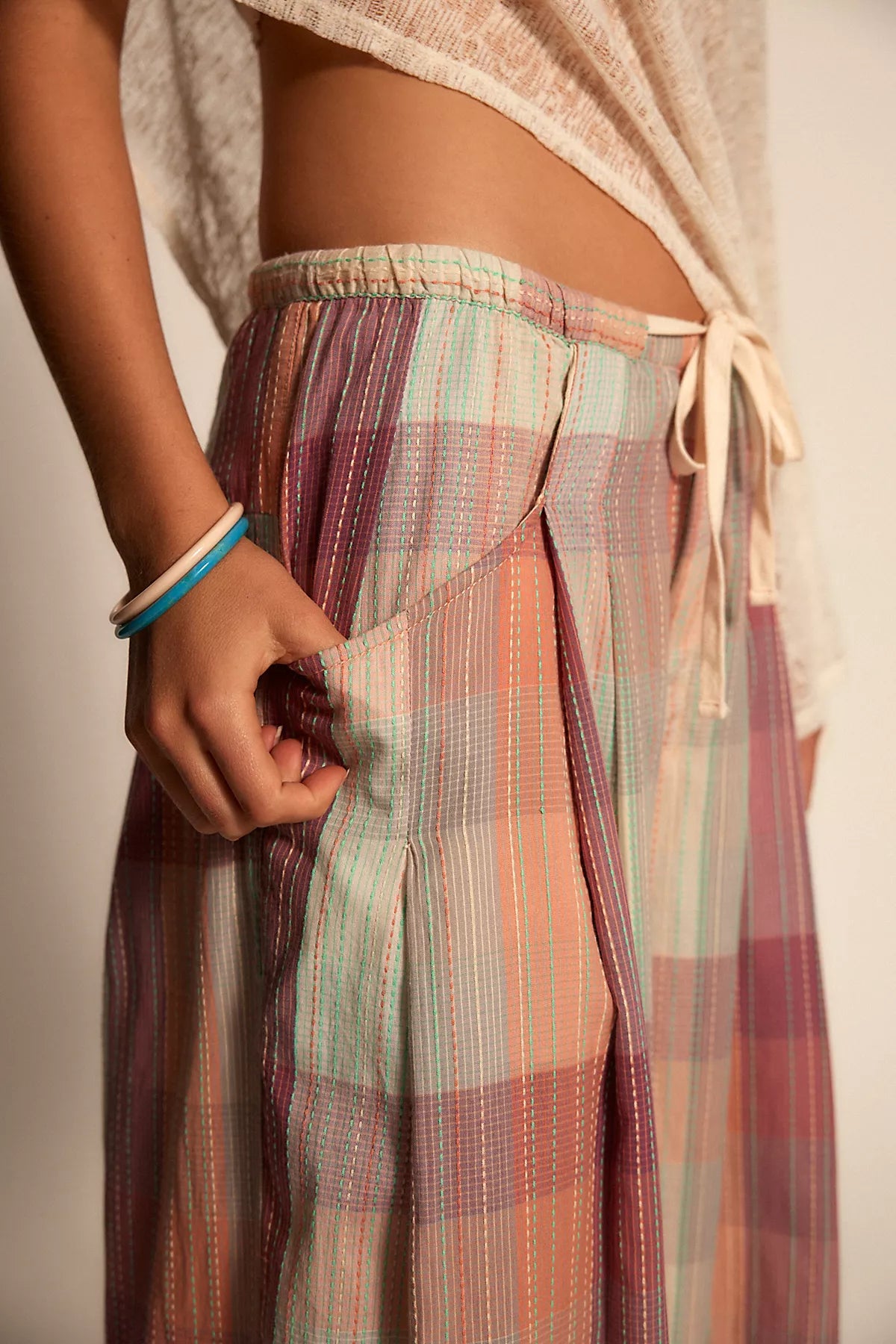 Telluride Wide-Leg Crop Pull-On Madras Pants