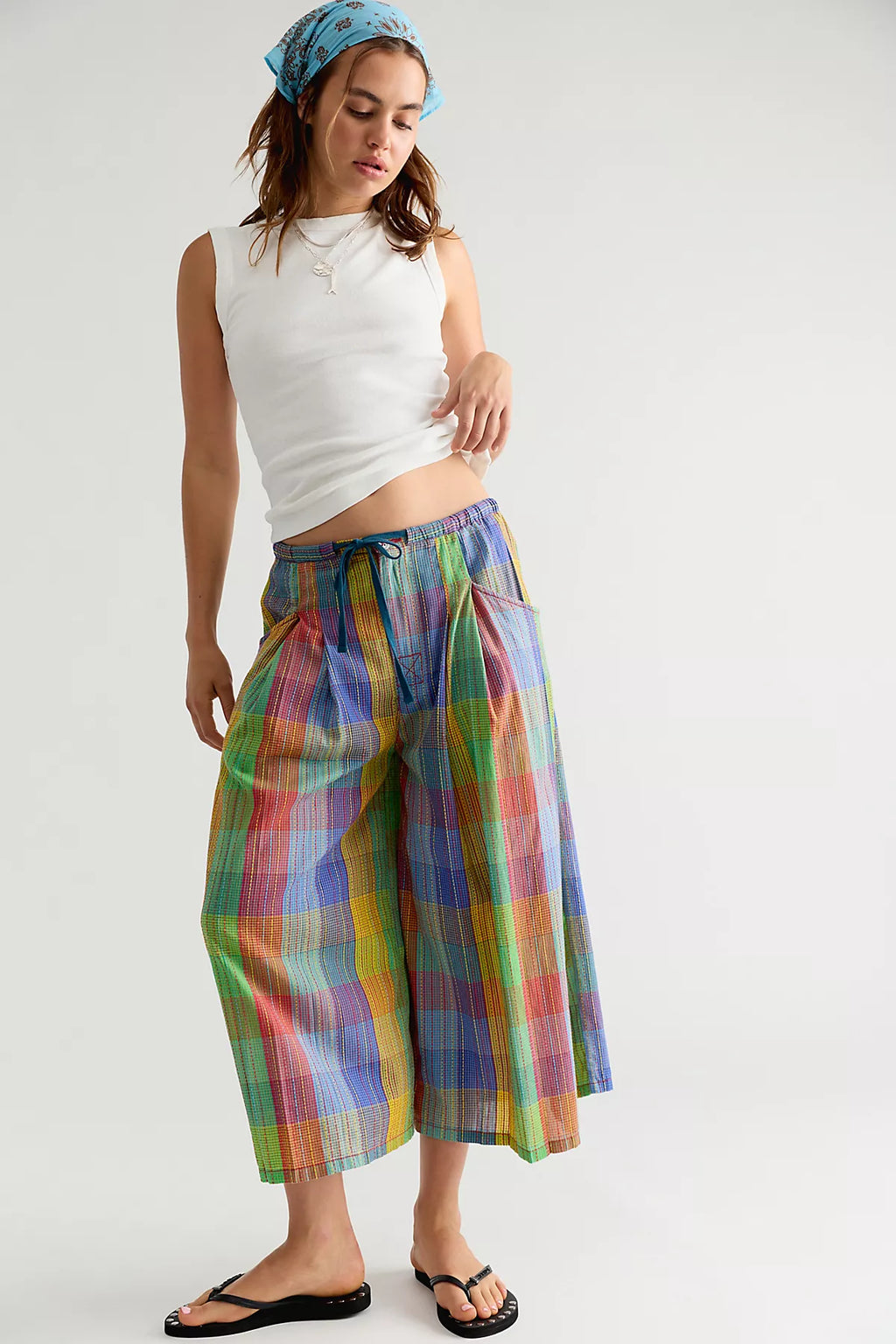 Telluride Wide-Leg Crop Pull-On Madras Pants