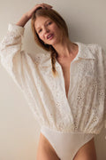 Norma Kamali Eyelet Super Oversized Boyfriend Shirt Bodysuit