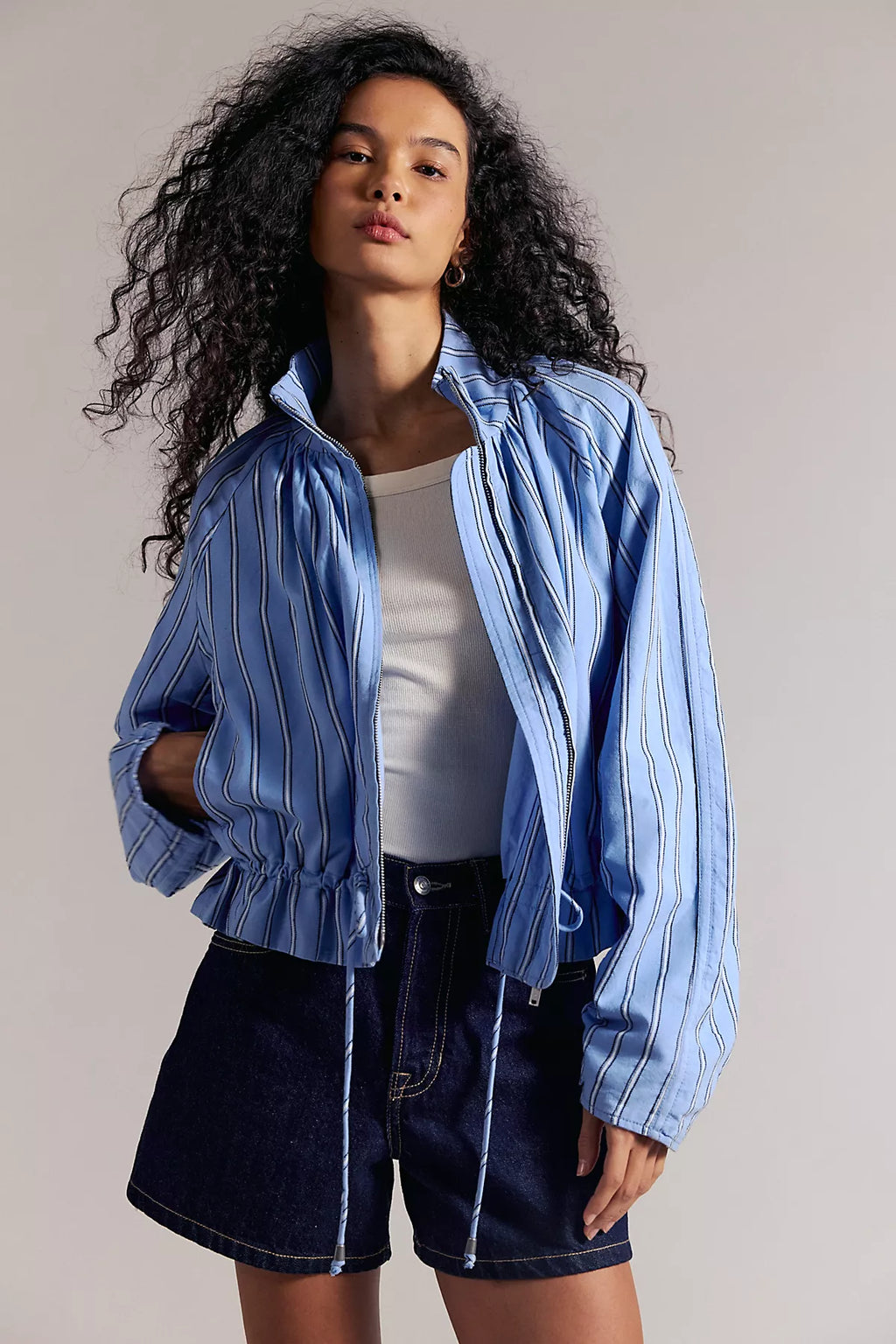 Devon Striped Balloon Funnel-Neck Jacket
