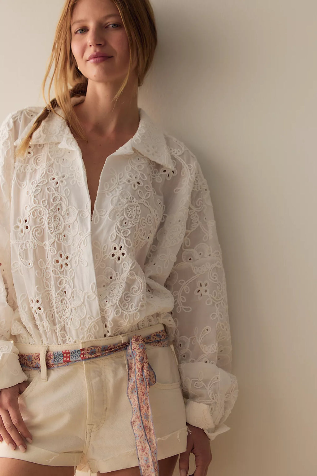 Norma Kamali Eyelet Super Oversized Boyfriend Shirt Bodysuit