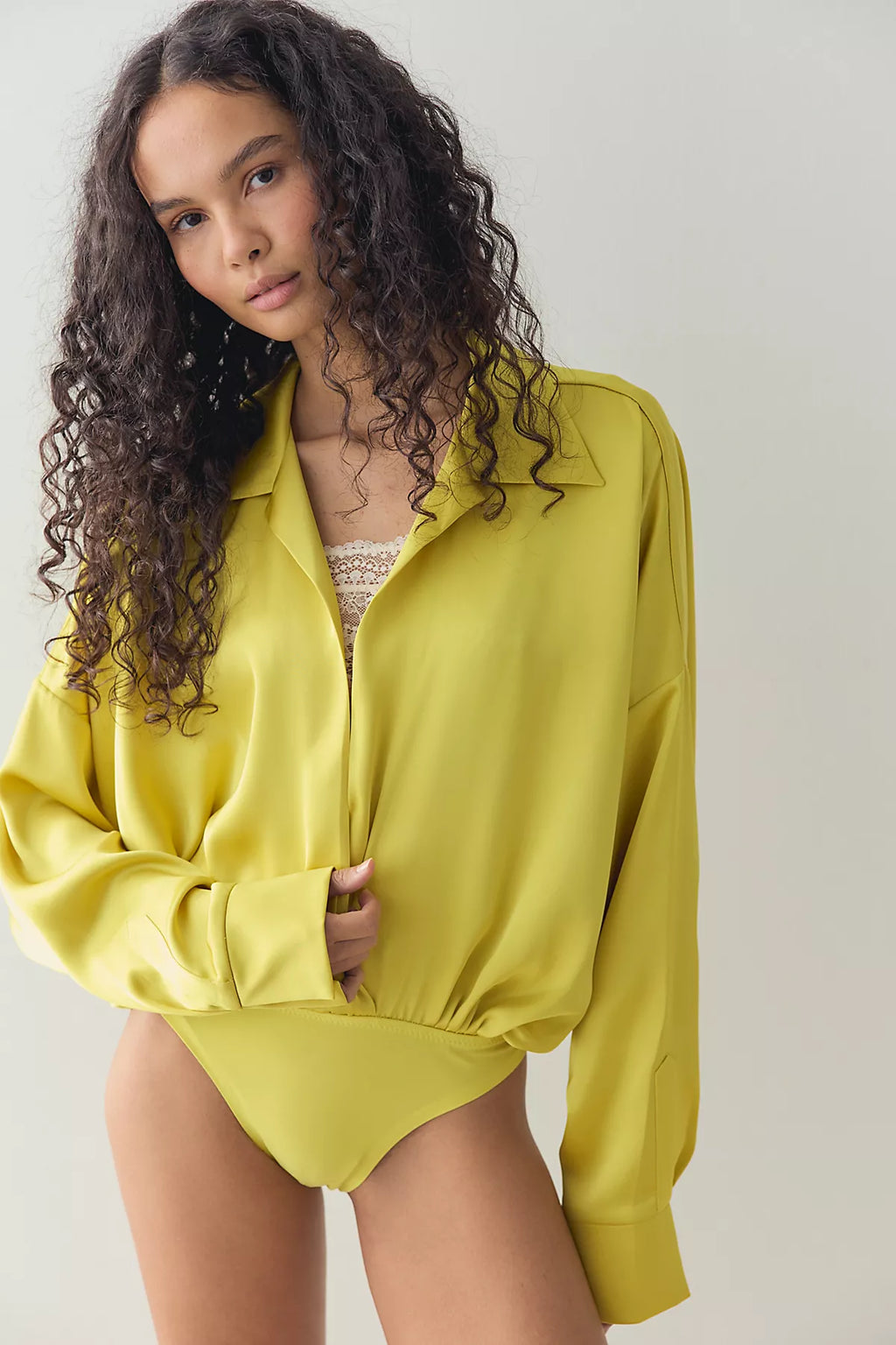 Norma Kamali Satin Super Oversized Boyfriend Shirt Bodysuit
