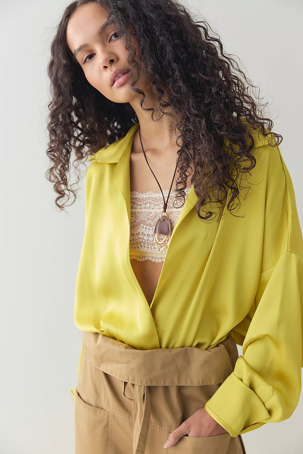 Norma Kamali Satin Super Oversized Boyfriend Shirt Bodysuit