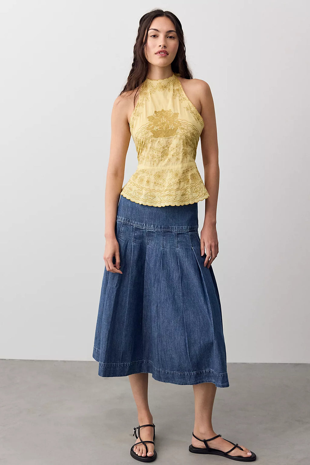 We The Free Skipper Pleated Denim Midi Skirt