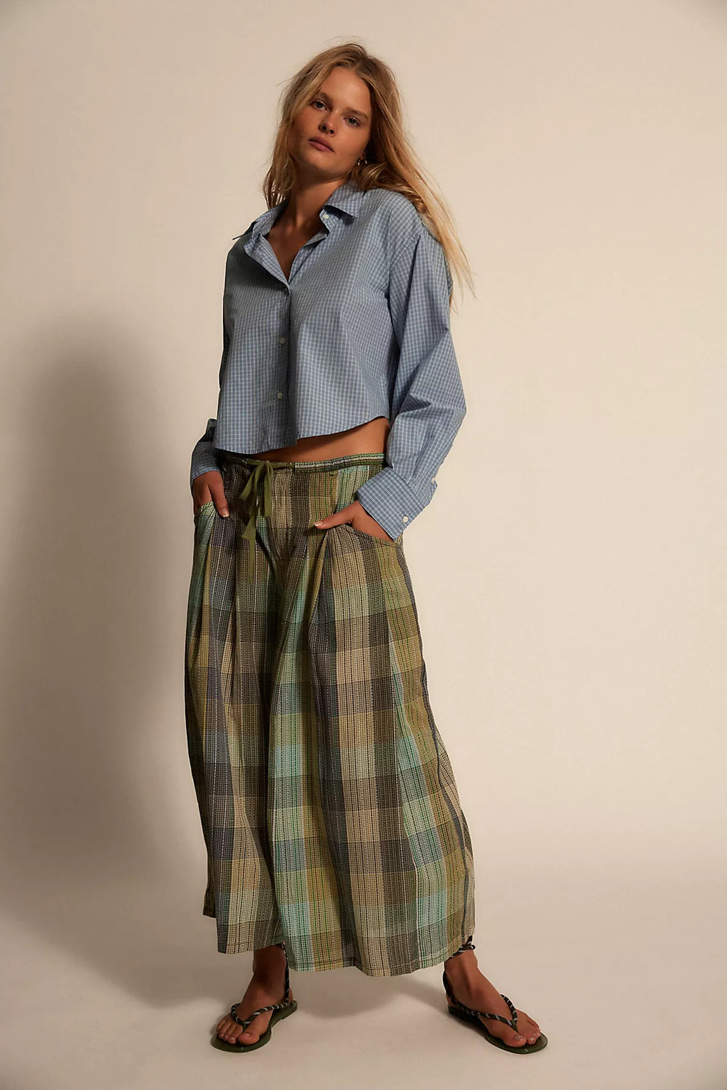 Telluride Wide-Leg Crop Pull-On Madras Pants
