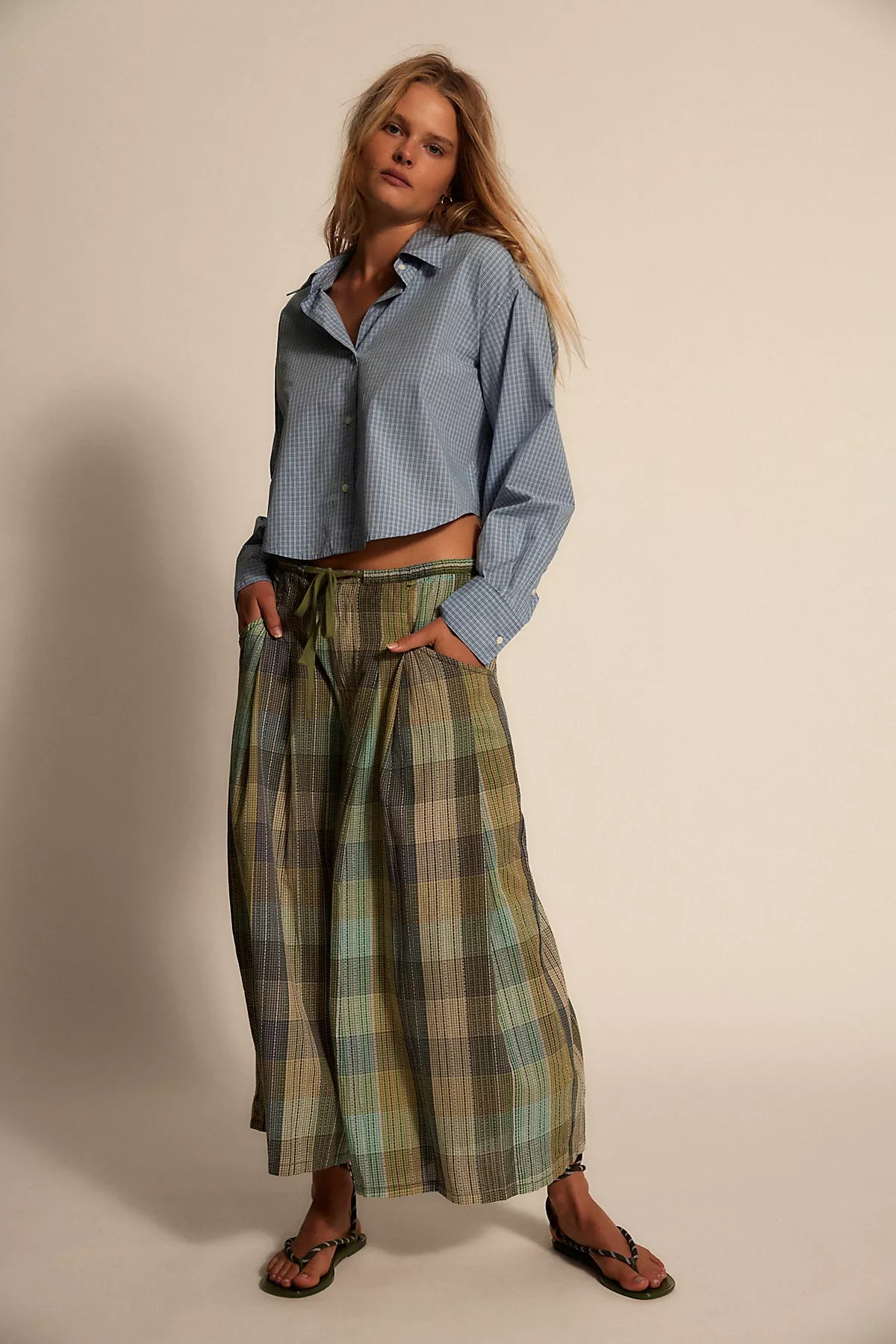 Telluride Wide-Leg Crop Pull-On Madras Pants