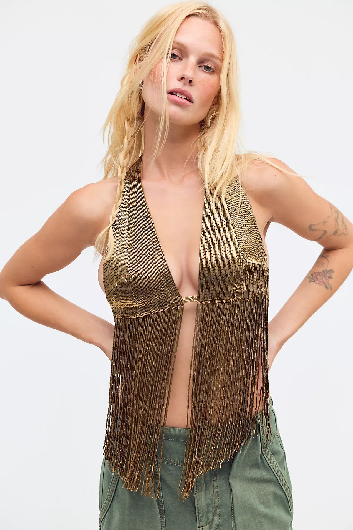Retrofete Sereya Embellished Fringe Halter Top