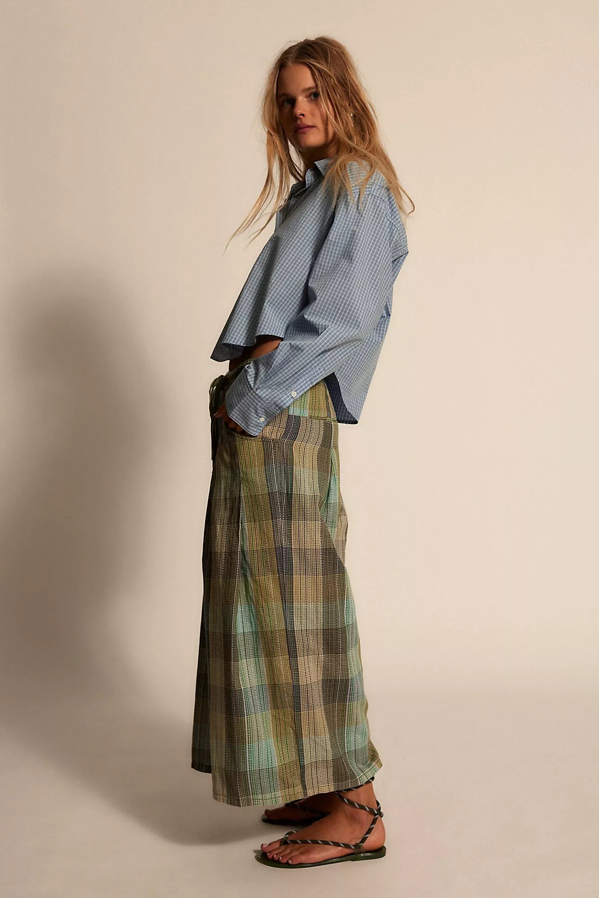 Telluride Wide-Leg Crop Pull-On Madras Pants