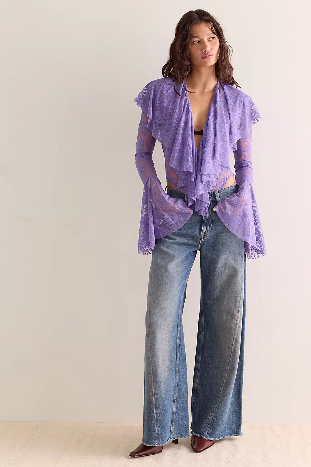 Norma Kamali Long Sleeve Deep V Ruffle Bodysuit