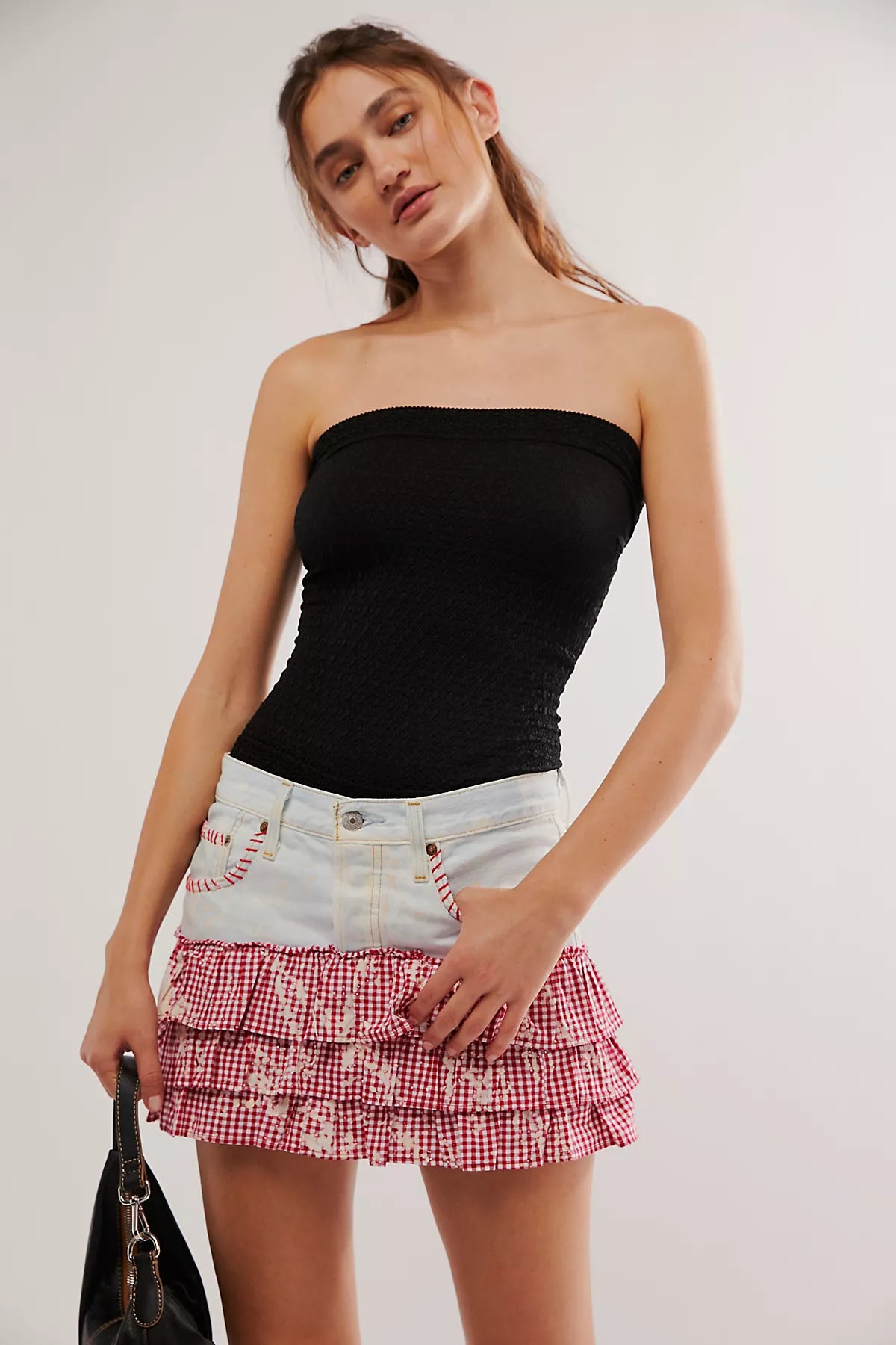 Tricia Fix Denim Ruffle Gingham Mini