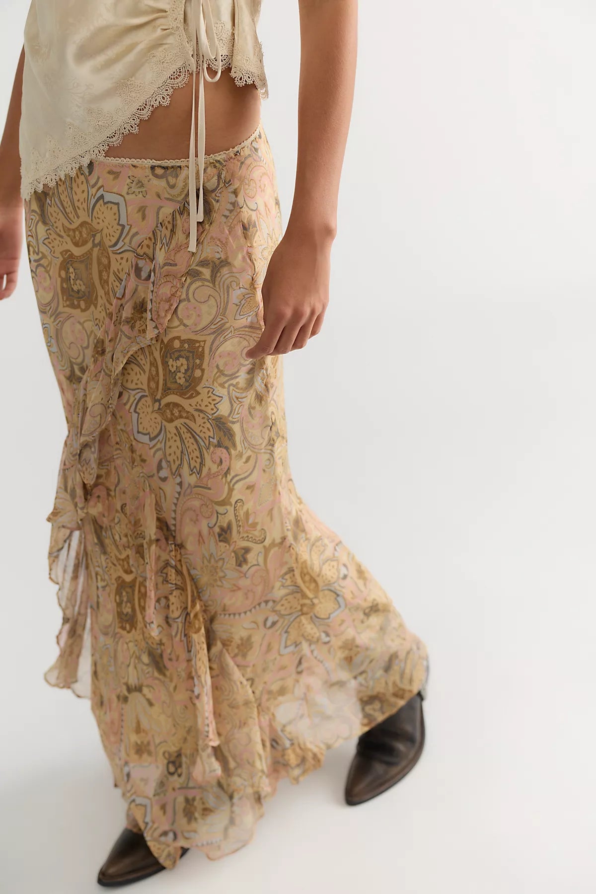 Spell Damask Ruffle Midi Skirt