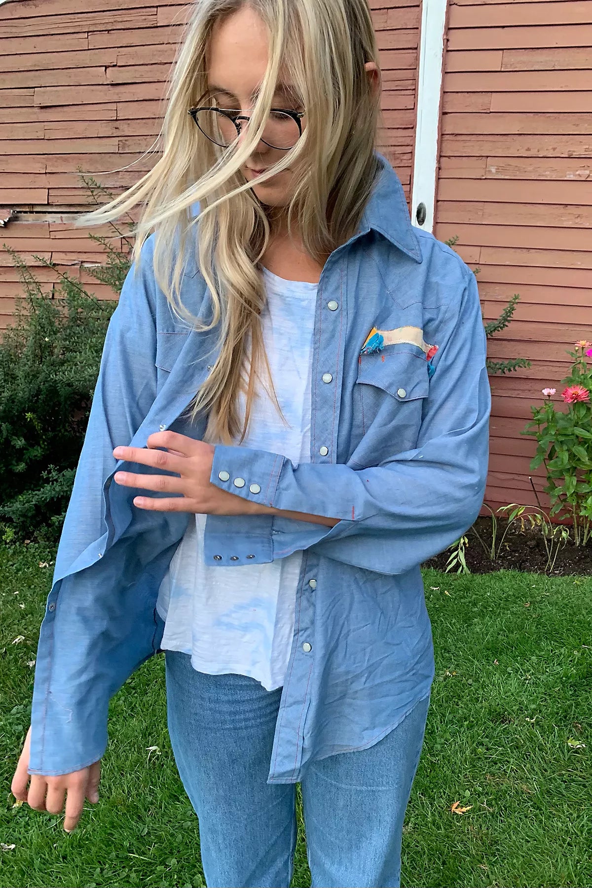 Anna Corinna Big Mac Chambray Appliquéd Snap Front Top