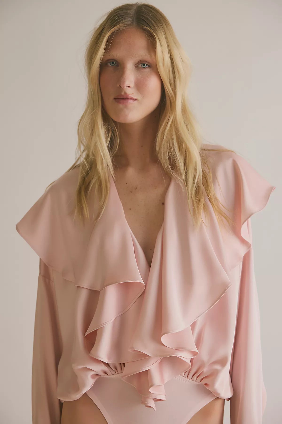 Norma Kamali Long Sleeve Deep V Ruffle Bodysuit