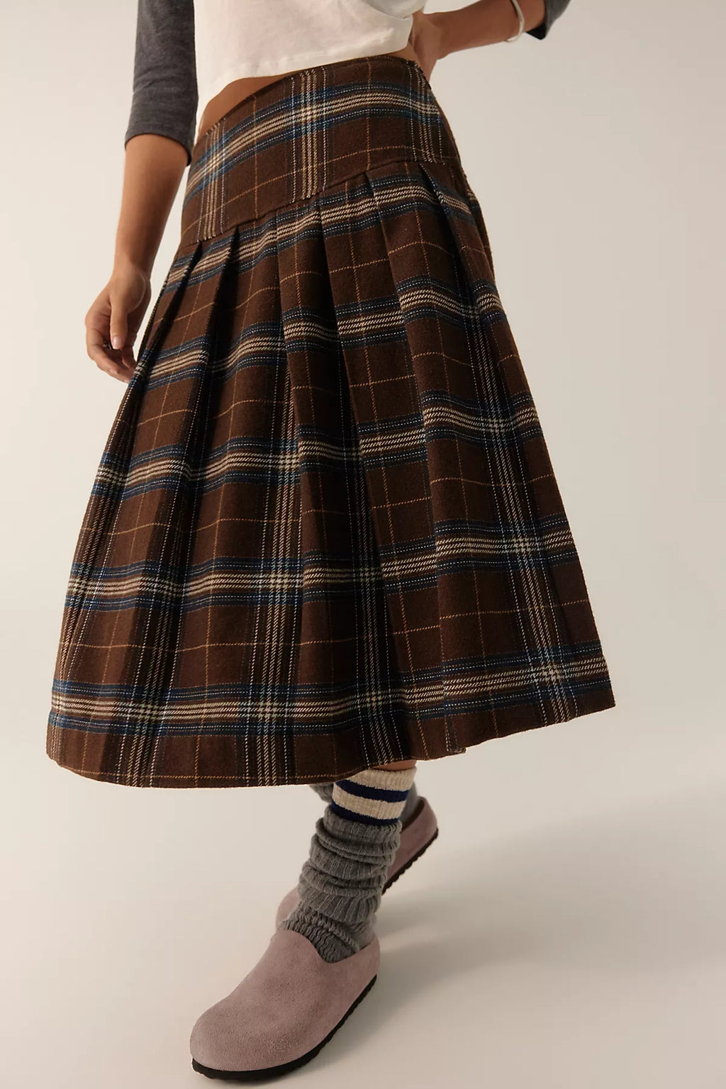 We The Free Skipper Pleated Plaid Midi Skirt
