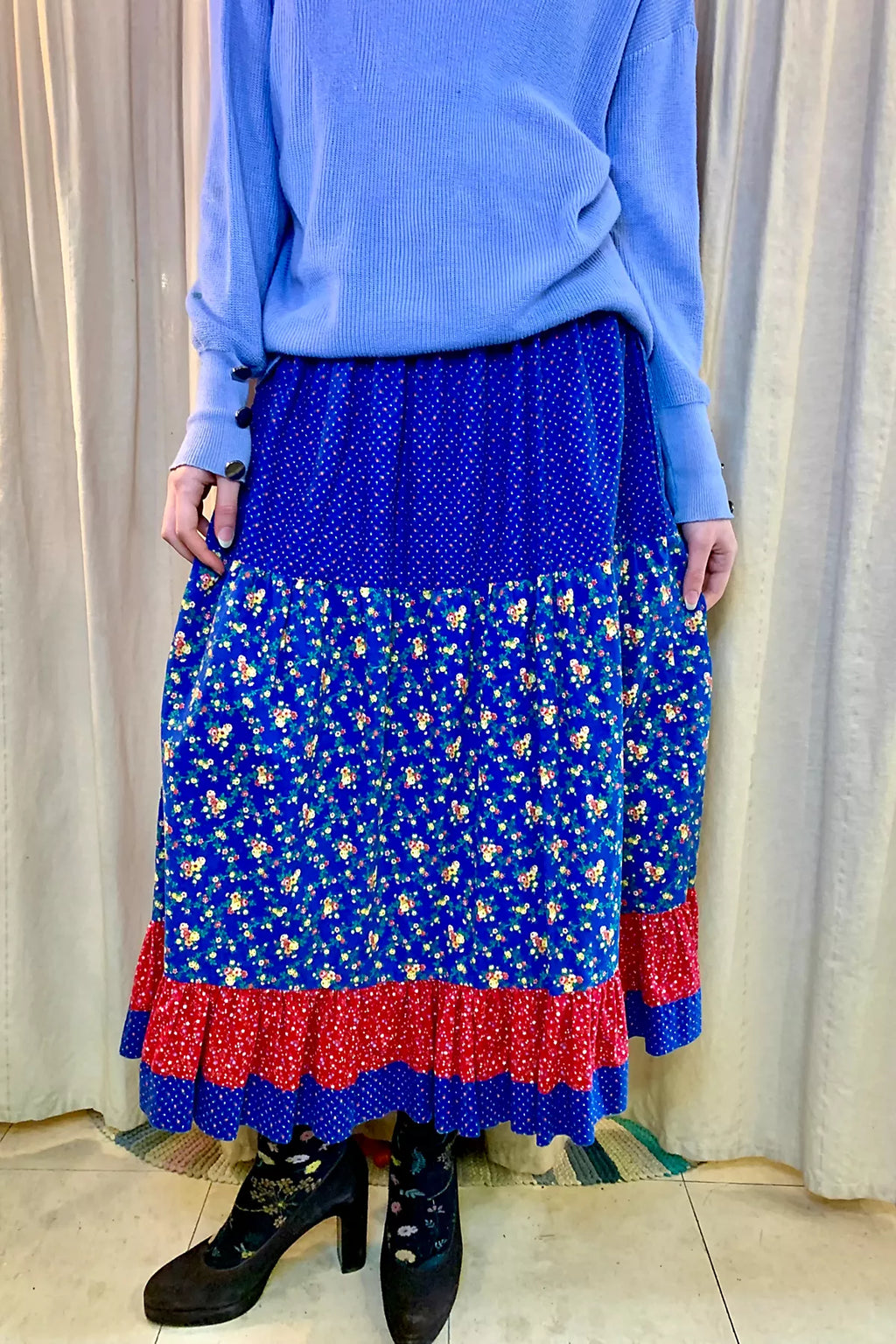 Vintage Blue Patchwork Print Ruffled Skirt Selected by Nomad Vintage