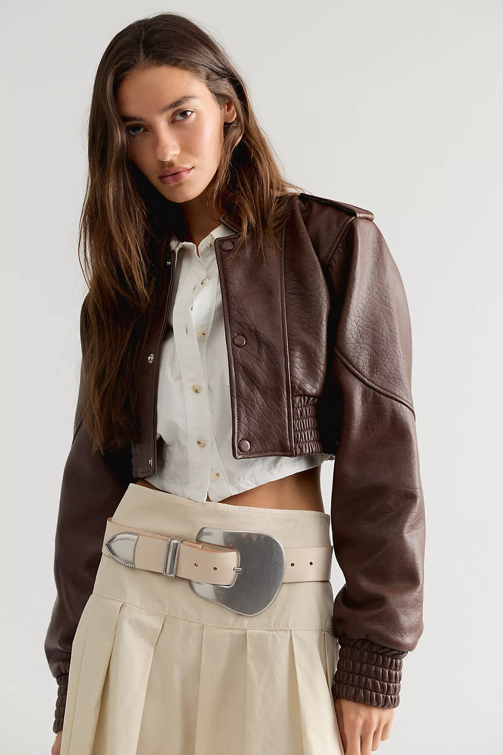 Understated Leather Cropped Bomber Jacket