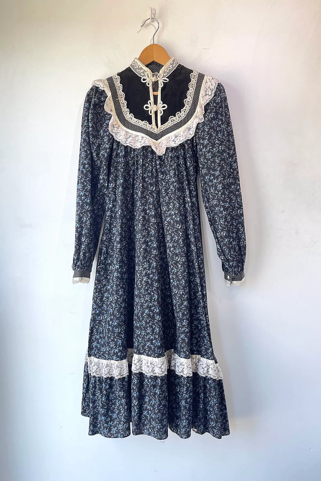 Vintage Gunne Sax Black Blue Floral Velvet Dress Selected by The Curatorial Dept.