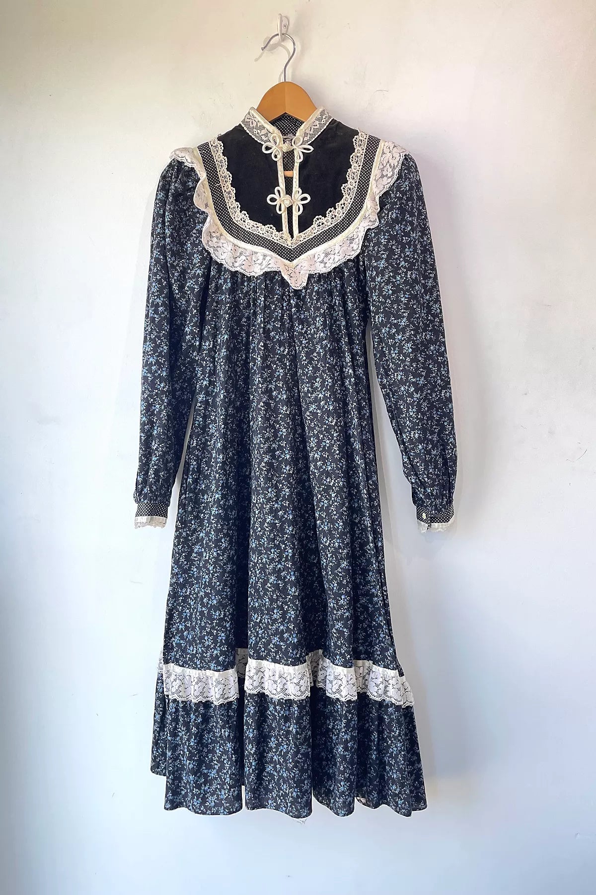 Vintage Gunne Sax Black Blue Floral Velvet Dress Selected by The Curatorial Dept.