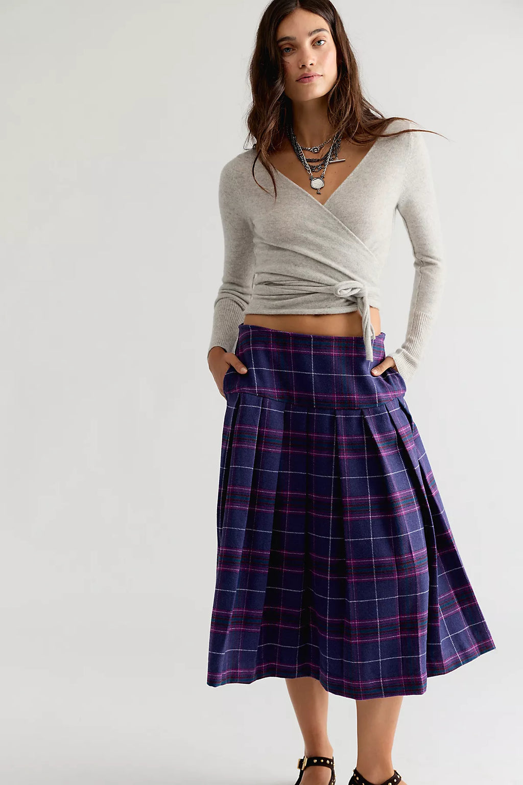 We The Free Skipper Pleated Plaid Midi Skirt
