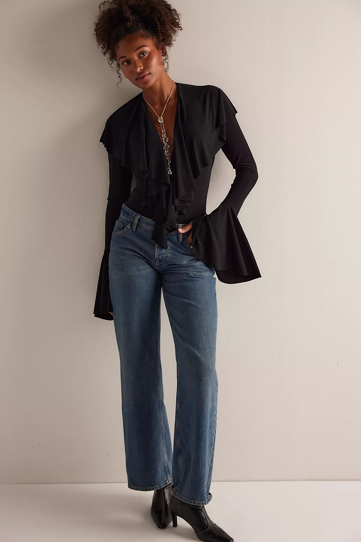 Norma Kamali Long-Sleeve Deep-V Ruffle Bodysuit