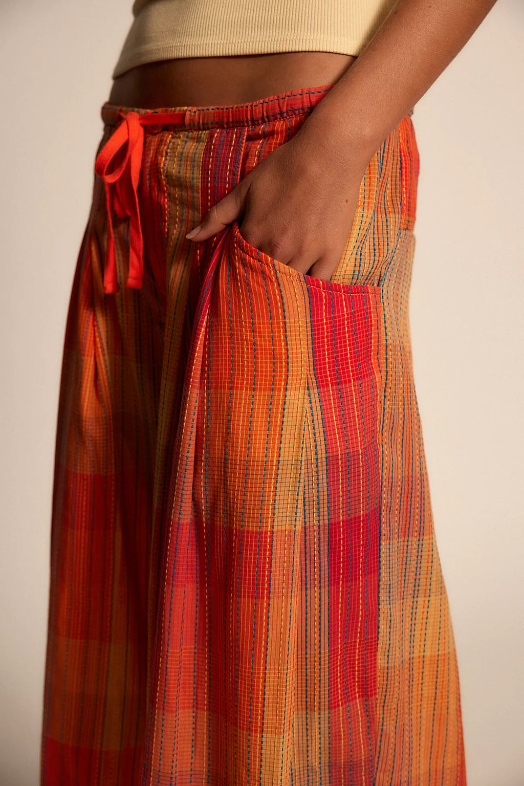 Telluride Wide-Leg Crop Pull-On Madras Pants