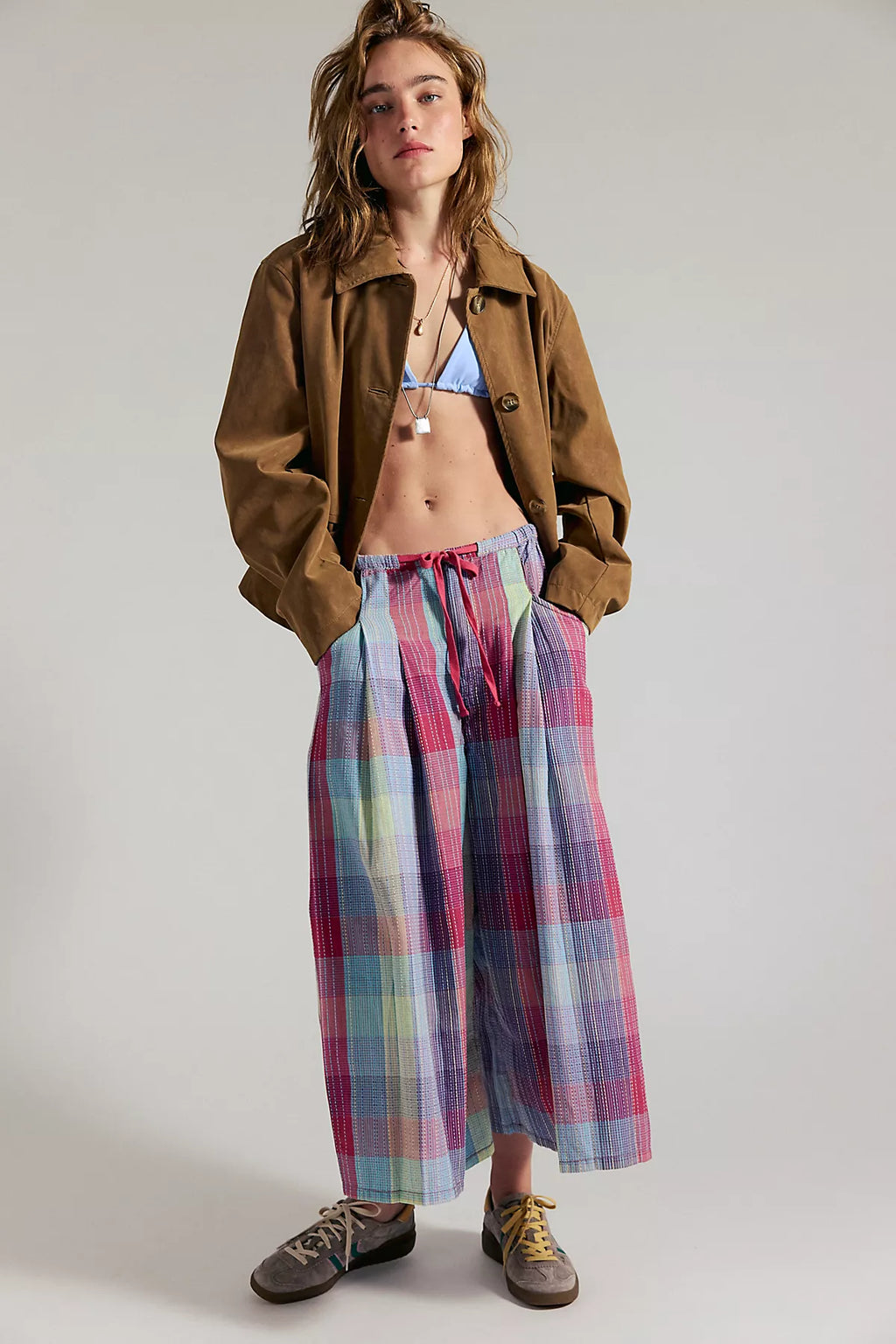 Telluride Wide-Leg Crop Pull-On Madras Pants