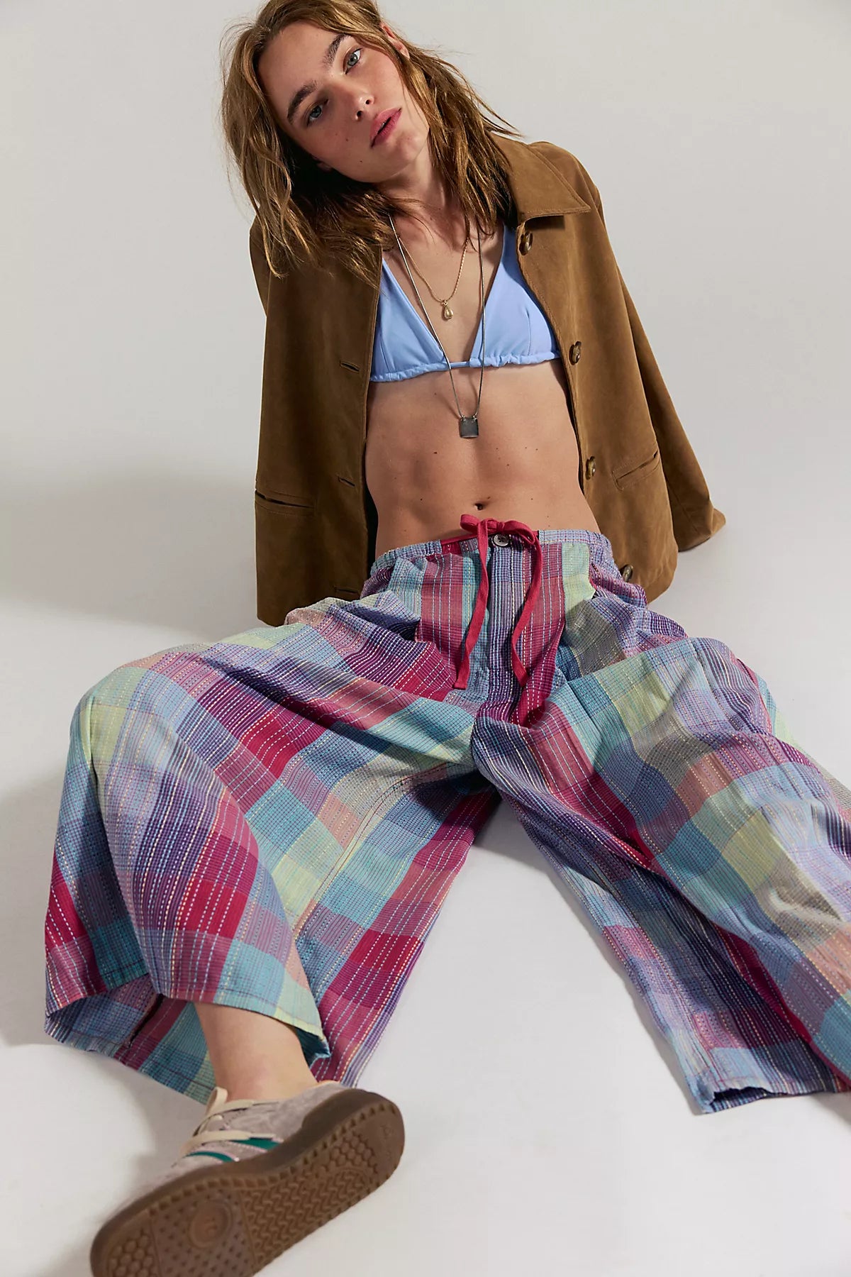 Telluride Wide-Leg Crop Pull-On Madras Pants