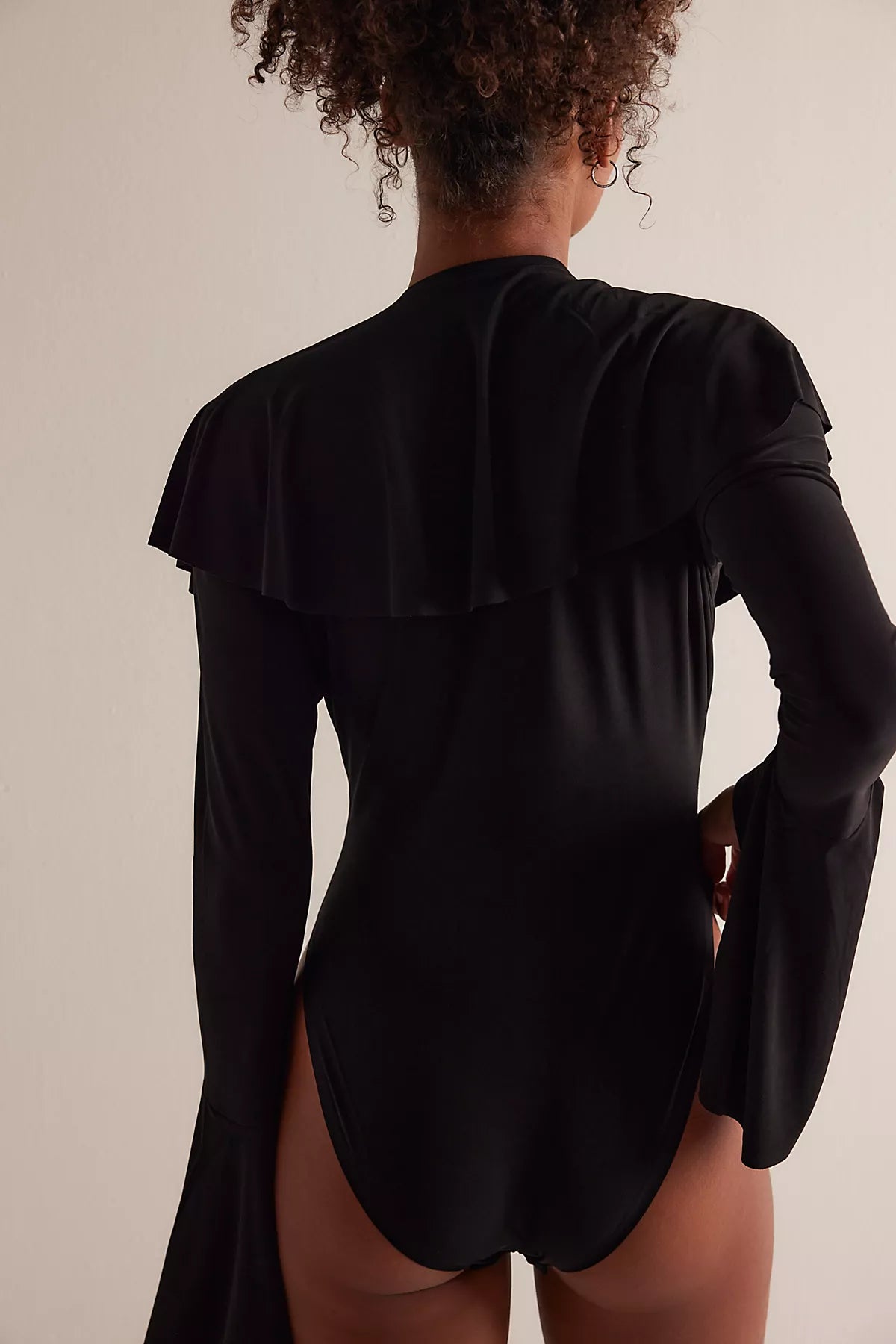 Norma Kamali Long-Sleeve Deep-V Ruffle Bodysuit
