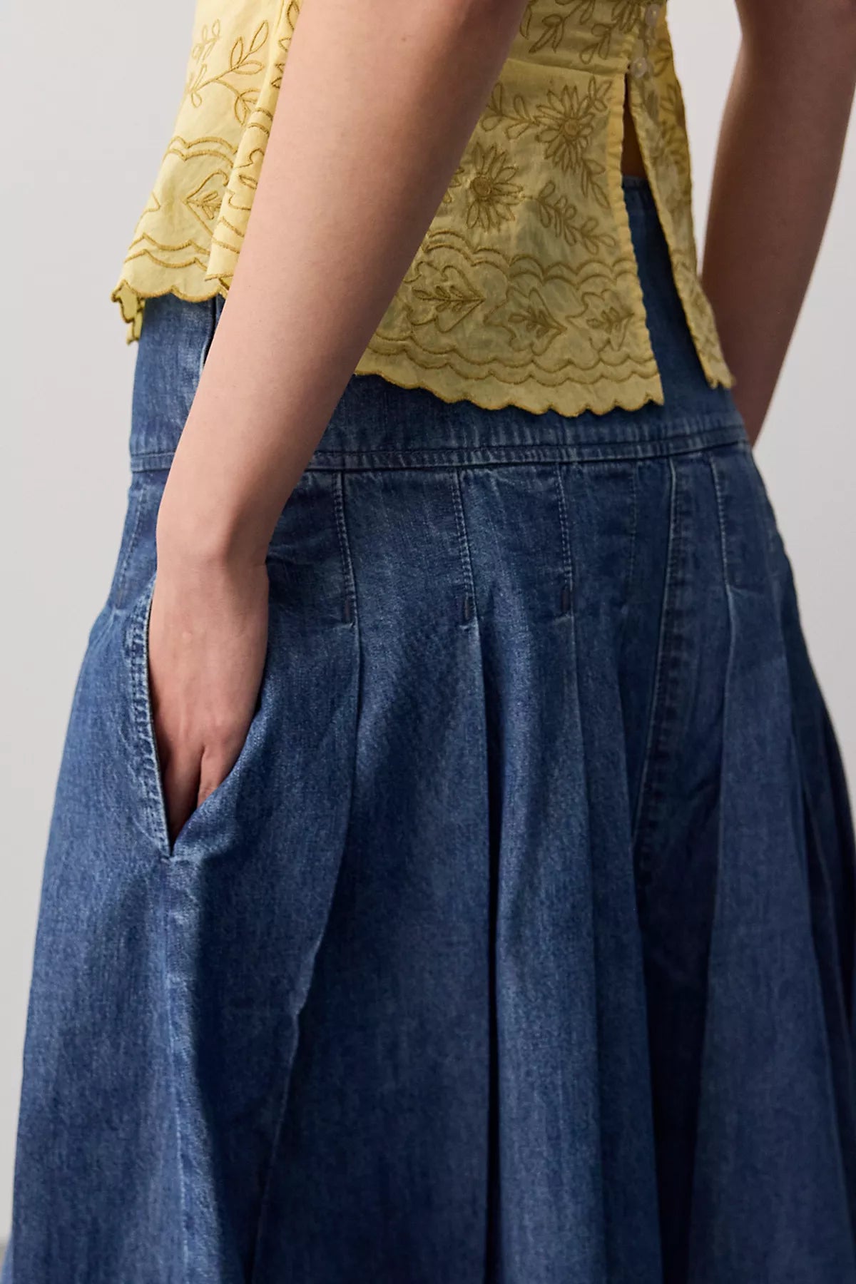 We The Free Skipper Pleated Denim Midi Skirt