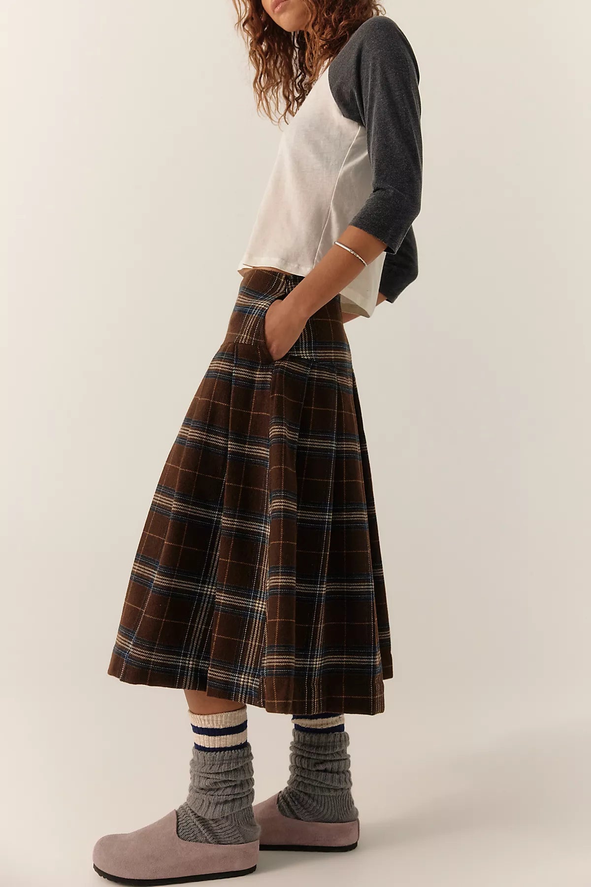 We The Free Skipper Pleated Plaid Midi Skirt