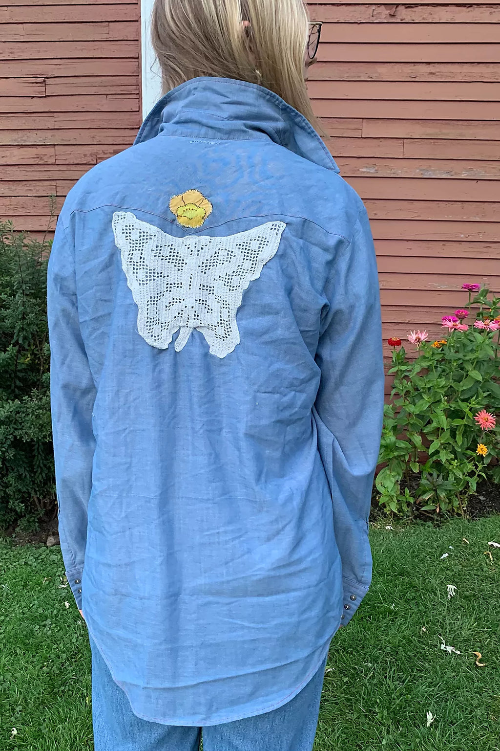 Anna Corinna Big Mac Chambray Appliquéd Snap Front Top