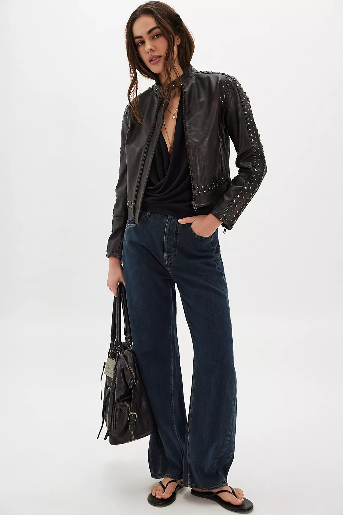 Understated Leather Studded Racer Jacket